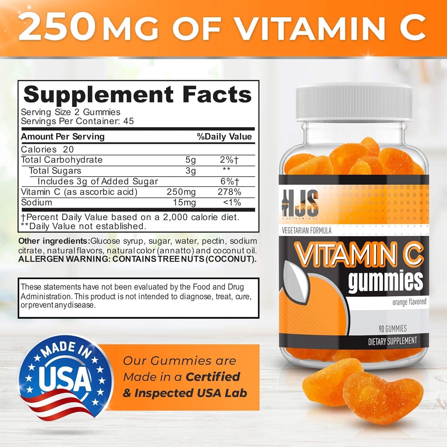90 Count HJS Supplements Vitamin C Gummies for Adults & Kids | Chewable Orange Flavored | Immune & Heart Health Support | Gluten-Free & Vegetarian