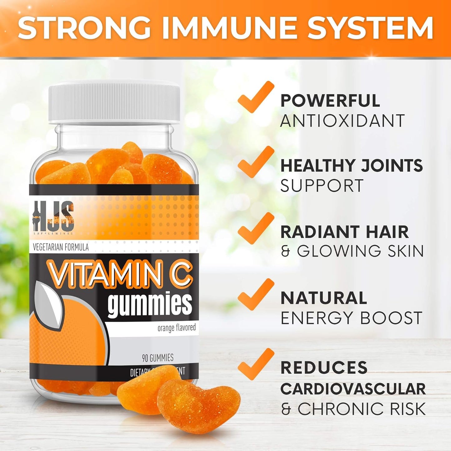 90 Count HJS Supplements Vitamin C Gummies for Adults & Kids | Chewable Orange Flavored | Immune & Heart Health Support | Gluten-Free & Vegetarian