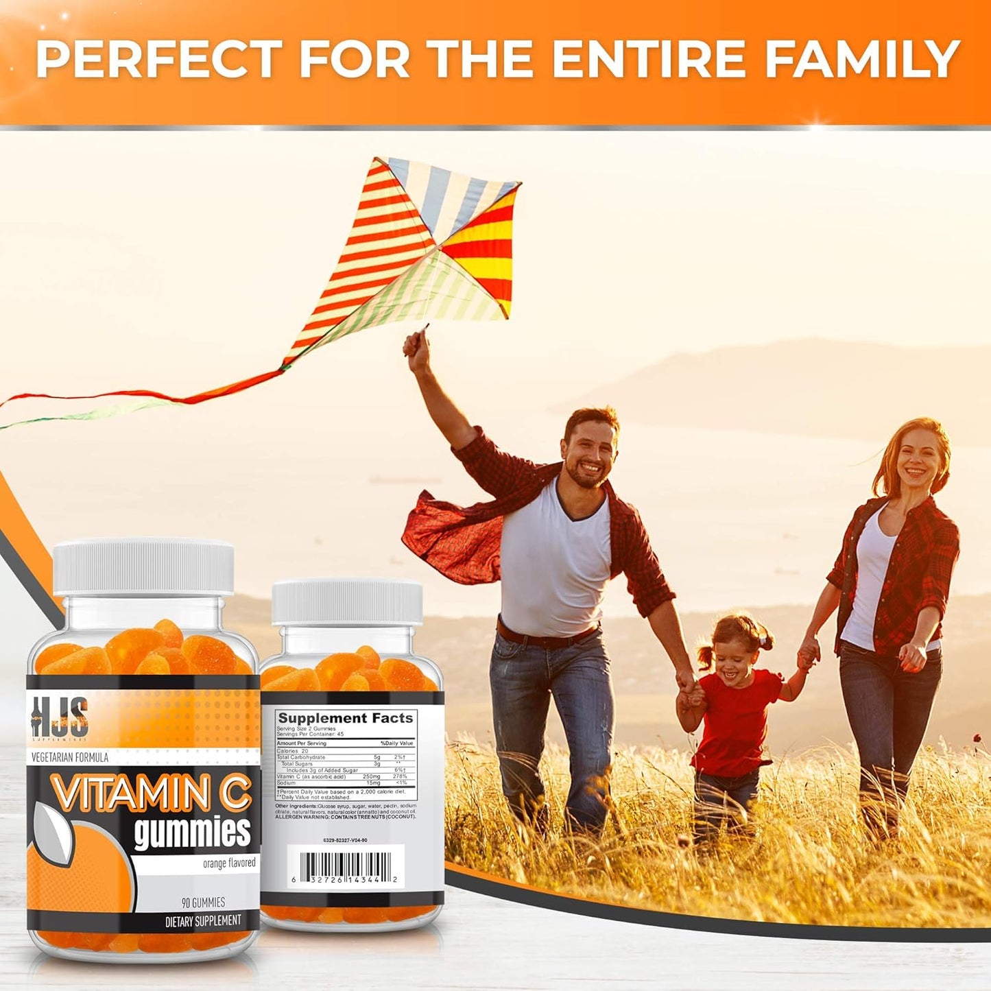 90 Count HJS Supplements Vitamin C Gummies for Adults & Kids | Chewable Orange Flavored | Immune & Heart Health Support | Gluten-Free & Vegetarian