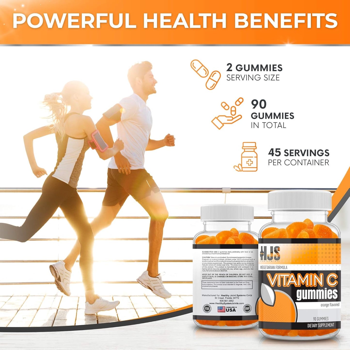 90 Count HJS Supplements Vitamin C Gummies for Adults & Kids | Chewable Orange Flavored | Immune & Heart Health Support | Gluten-Free & Vegetarian