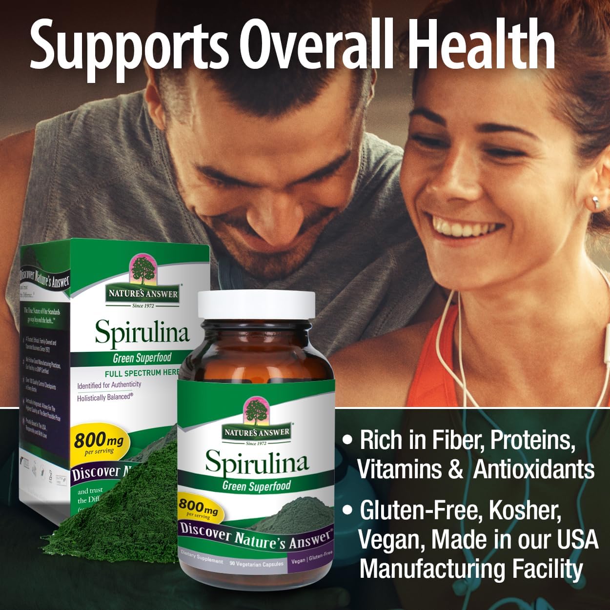 90-Count Nature's Answer Spirulina Herbal Powder Capsules | Immune Support | Prebiotic | Fiber, Protein, Antioxidant, Vitamin-Rich