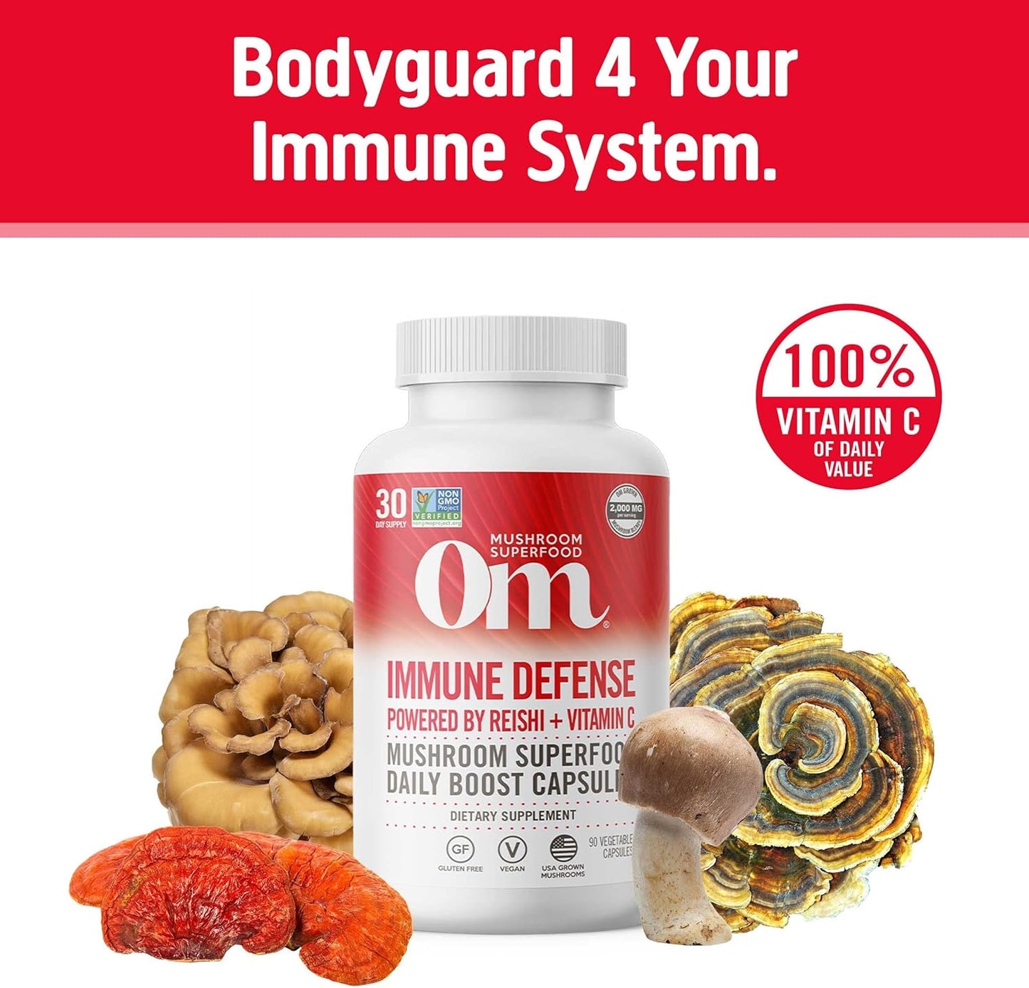 90-Count Om Mushroom Superfood Immune Defense Capsules with Reishi, Turkey Tail, Maitake, and Agaricus Blazei, Vegan Supplement with Vitamin C for 30 Days