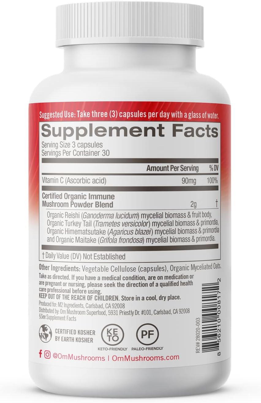 90-Count Om Mushroom Superfood Immune Defense Capsules with Reishi, Turkey Tail, Maitake, and Agaricus Blazei, Vegan Supplement with Vitamin C for 30 Days