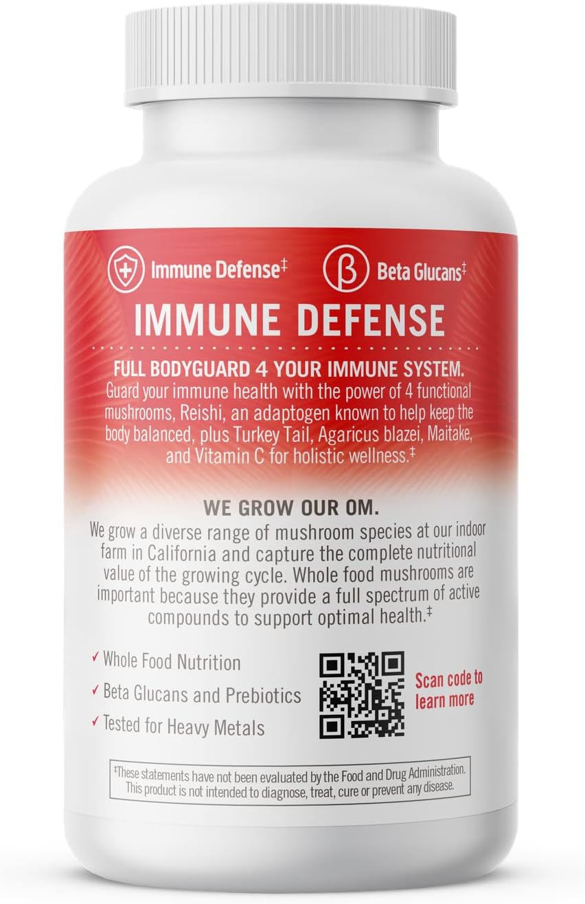 90-Count Om Mushroom Superfood Immune Defense Capsules with Reishi, Turkey Tail, Maitake, and Agaricus Blazei, Vegan Supplement with Vitamin C for 30 Days