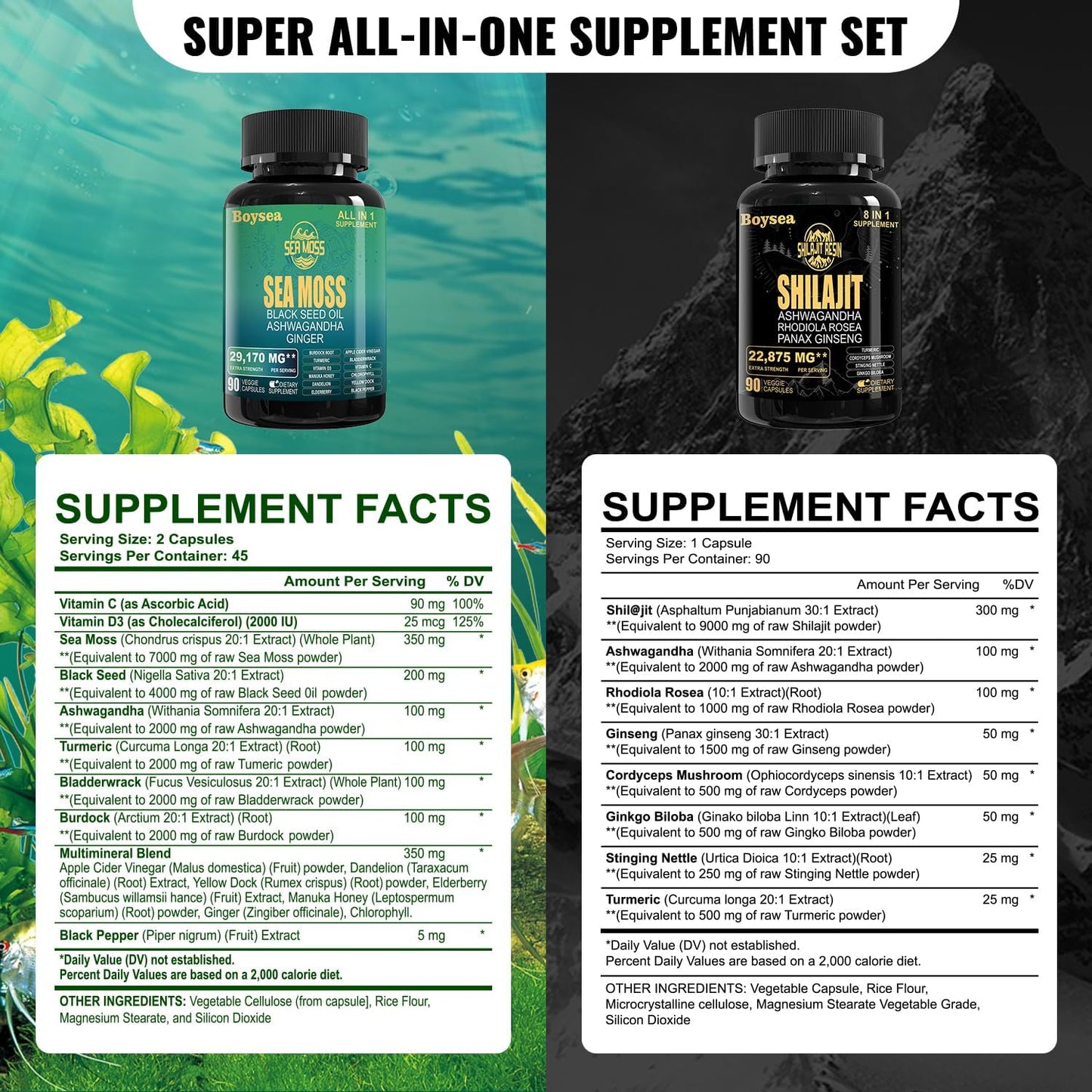 90 Count Sea Moss and Shilajit Superfood Supplement Bundle - Black Seed Oil, Ashwagandha - 1 Pack