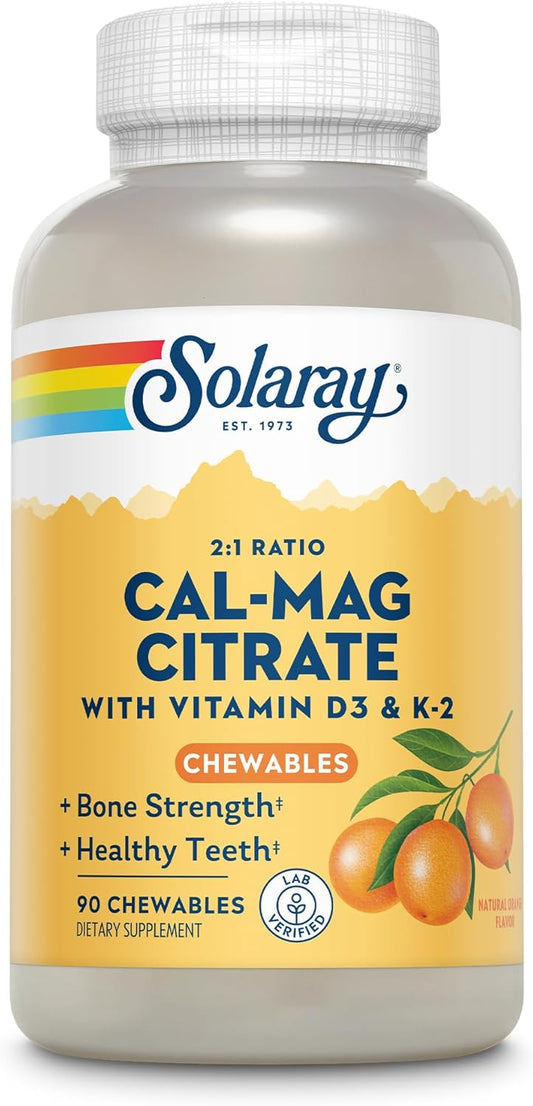 90 Count Solaray Cal-Mag Citrate Plus D-3 & K-2 Orange Chewables for Bone Health and Immune Support