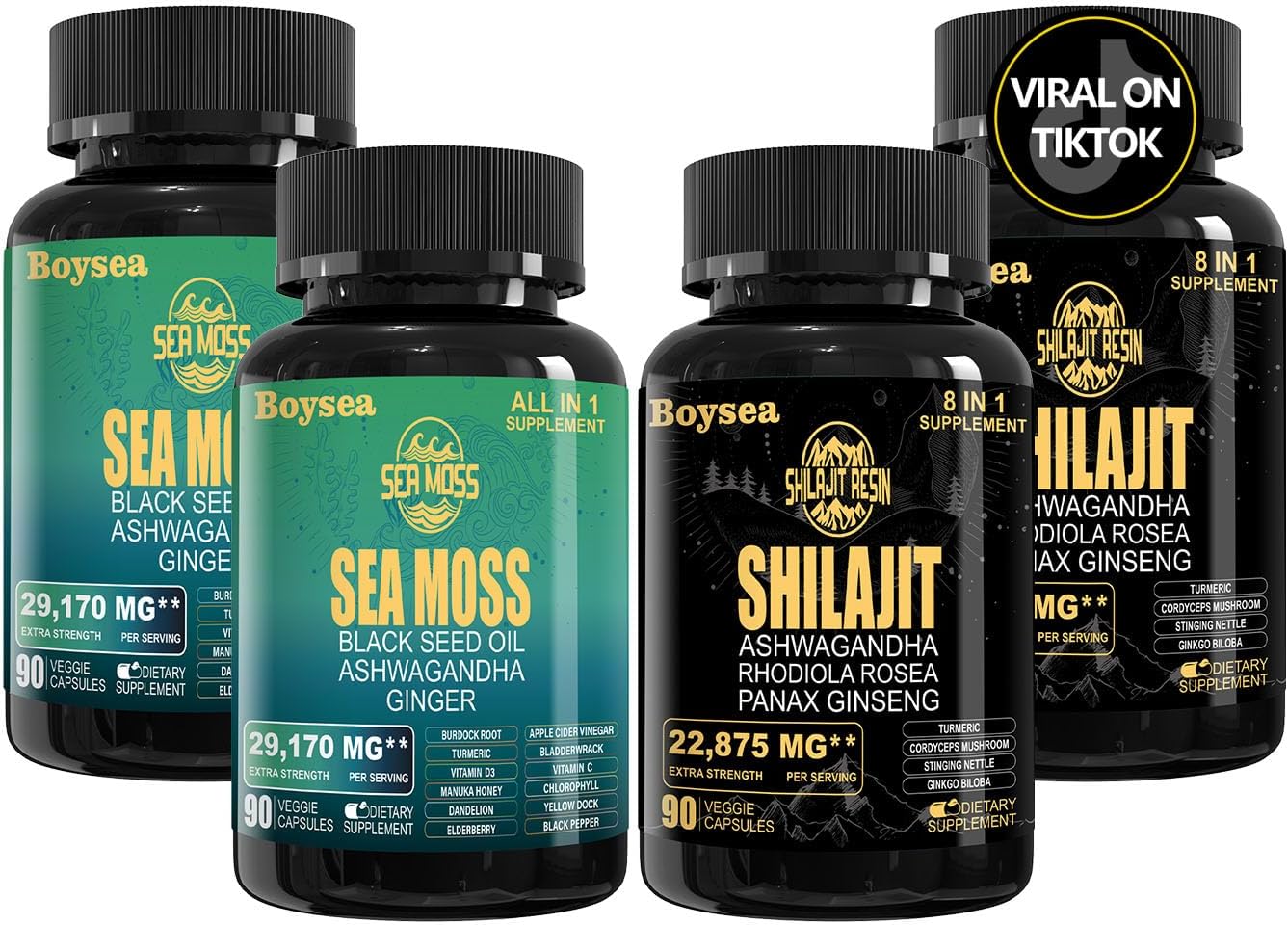 90 Count Superfood Supplement Bundle: Sea Moss & Shilajit Capsules with Black Seed Oil, Ashwagandha - 1 Pack