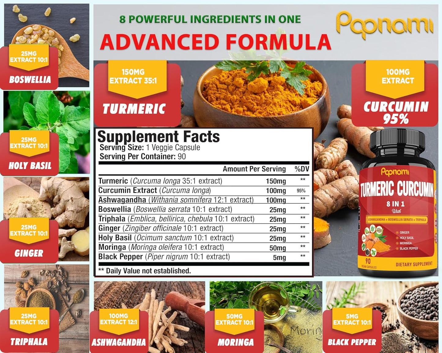 90 Count Turmeric Curcumin Extract Capsules with Ashwagandha, Moringa, Ginger - Immunity & Joint Support - BoostGo Australia