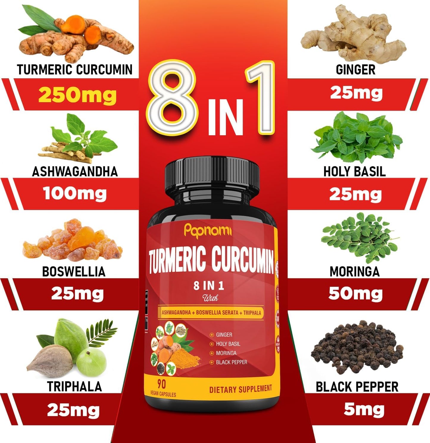 90 Count Turmeric Curcumin Extract Capsules with Ashwagandha, Moringa, Ginger - Immunity & Joint Support - BoostGo Australia