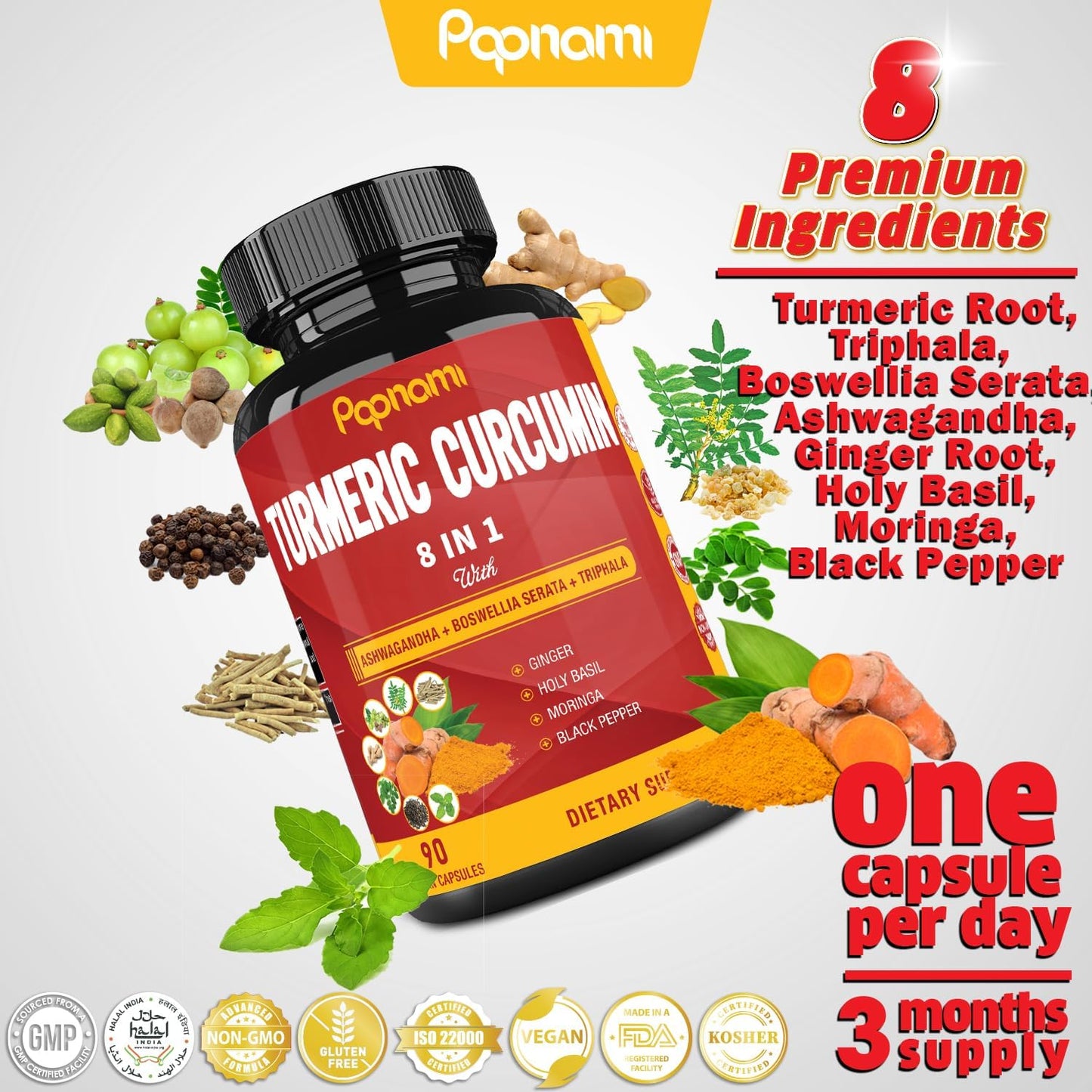 90 Count Turmeric Curcumin Extract Capsules with Ashwagandha, Moringa, Ginger - Immunity & Joint Support - BoostGo Australia