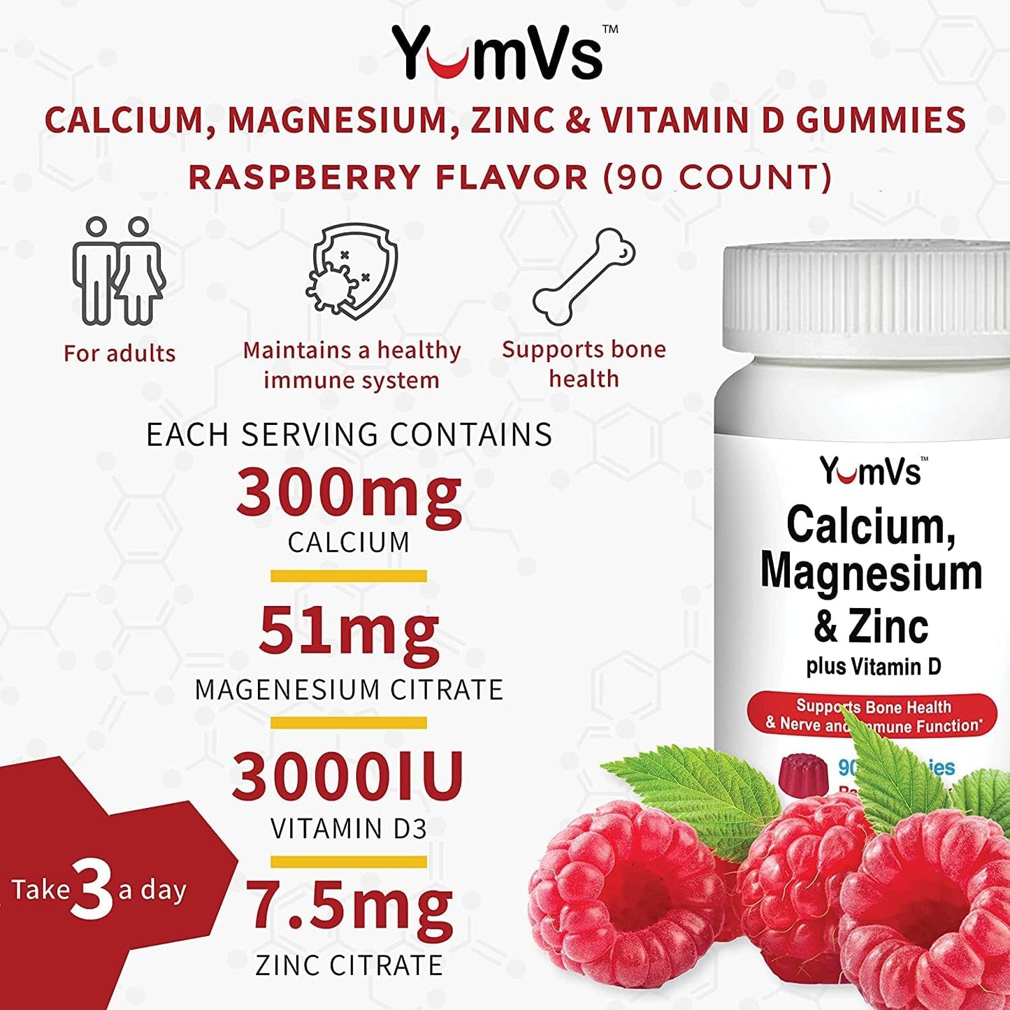 90 Count YUM-V'S Calcium, Magnesium, Zinc, and Vitamin D Gummies - Bone Health Gummy Supplement for Men, Women & Kids - Delicious Calcium Gummies with Vitamin D3, Zinc, and Magnesium