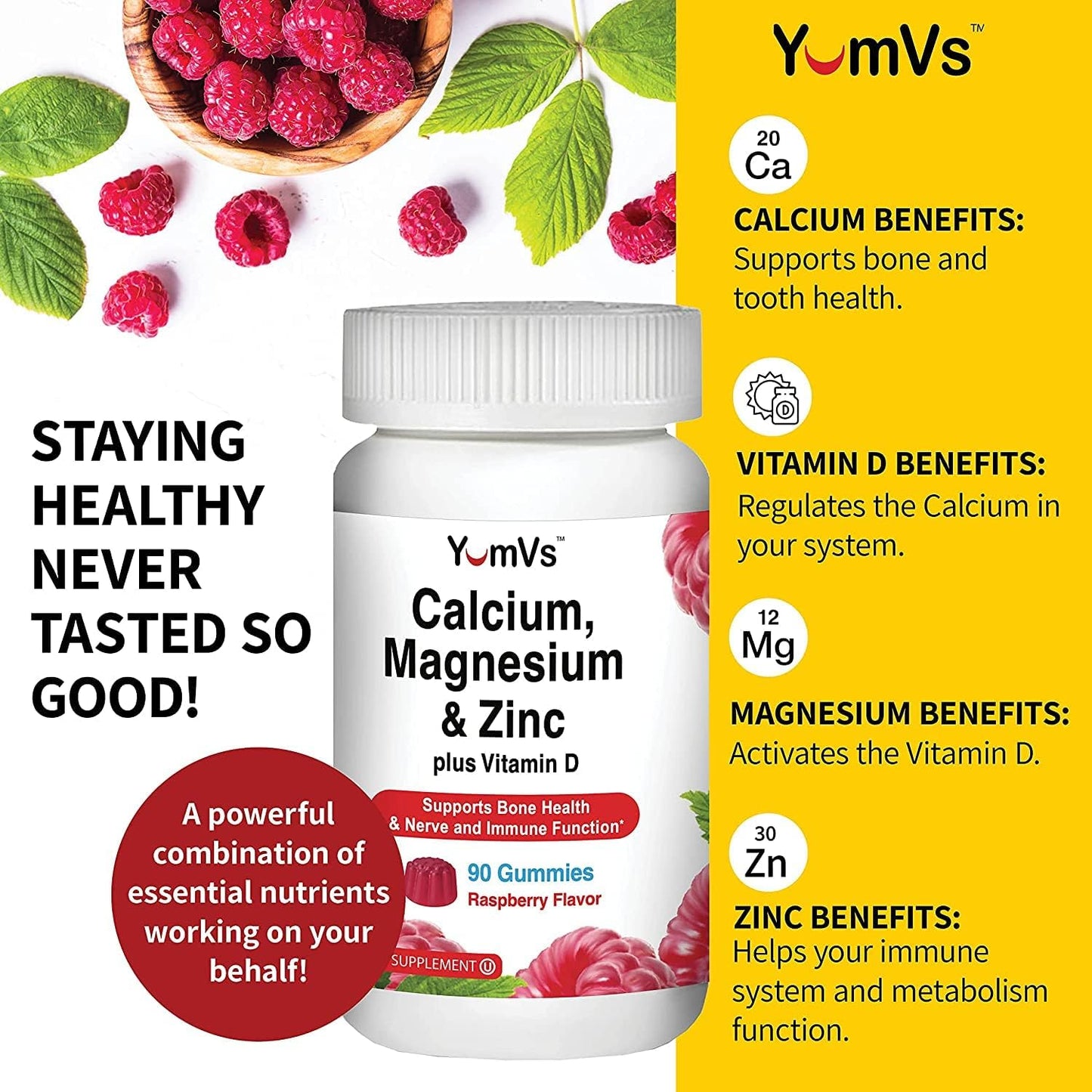 90 Count YUM-V'S Calcium, Magnesium, Zinc, and Vitamin D Gummies - Bone Health Gummy Supplement for Men, Women & Kids - Delicious Calcium Gummies with Vitamin D3, Zinc, and Magnesium