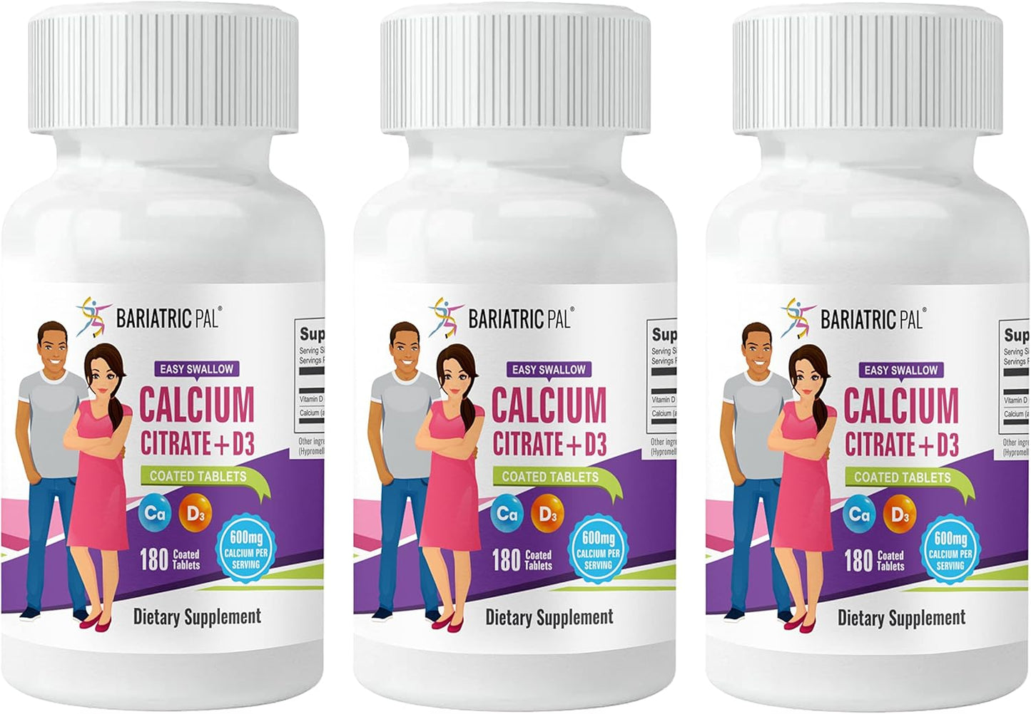 90-Day Supply BariatricPal Easy Swallow Calcium Citrate (600mg) and D3 Coated Tablets for Weight Loss Surgery Patients