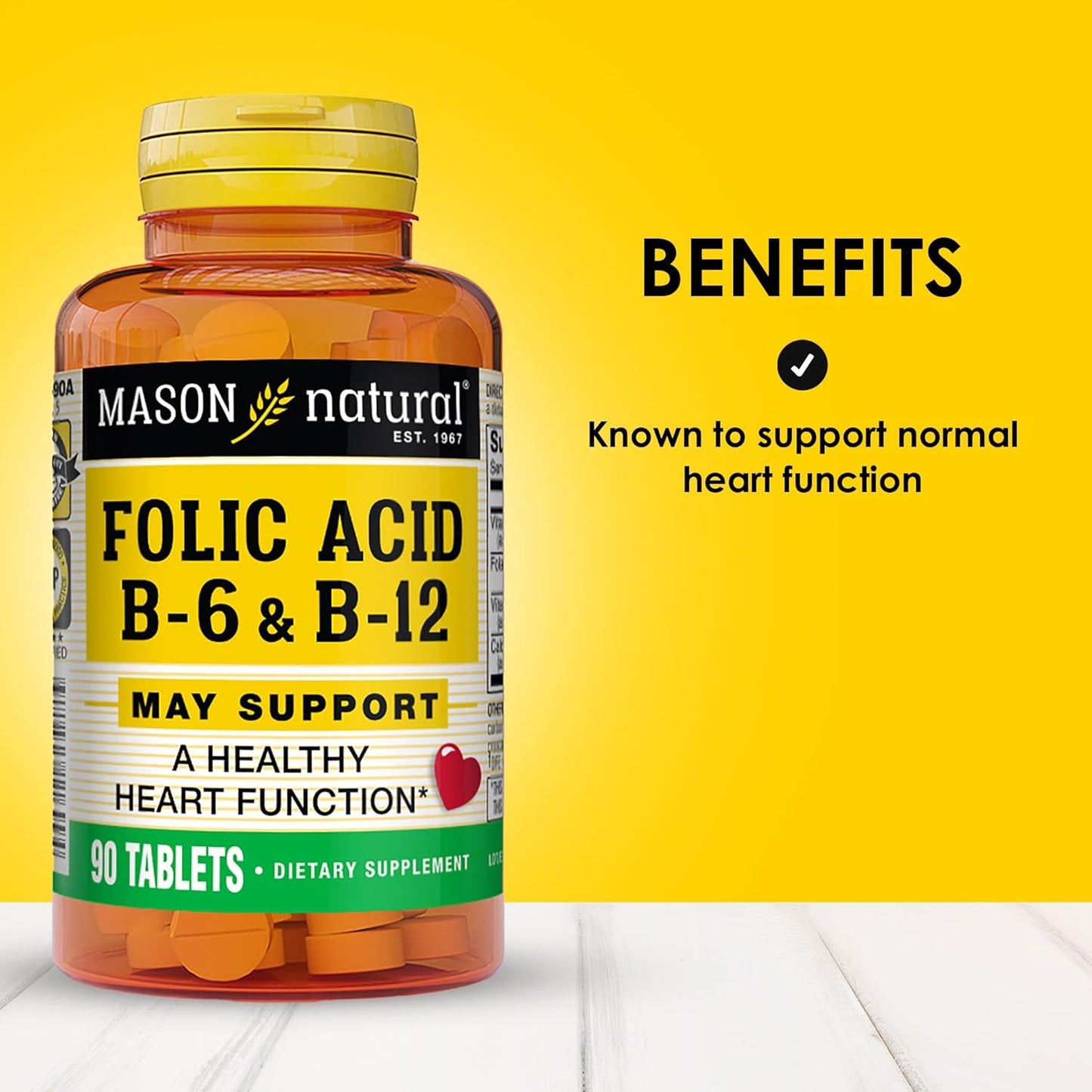 90-Day Supply of MASON NATURAL Folic Acid with B-6 & B-12 for Heart Health and Metabolic Function