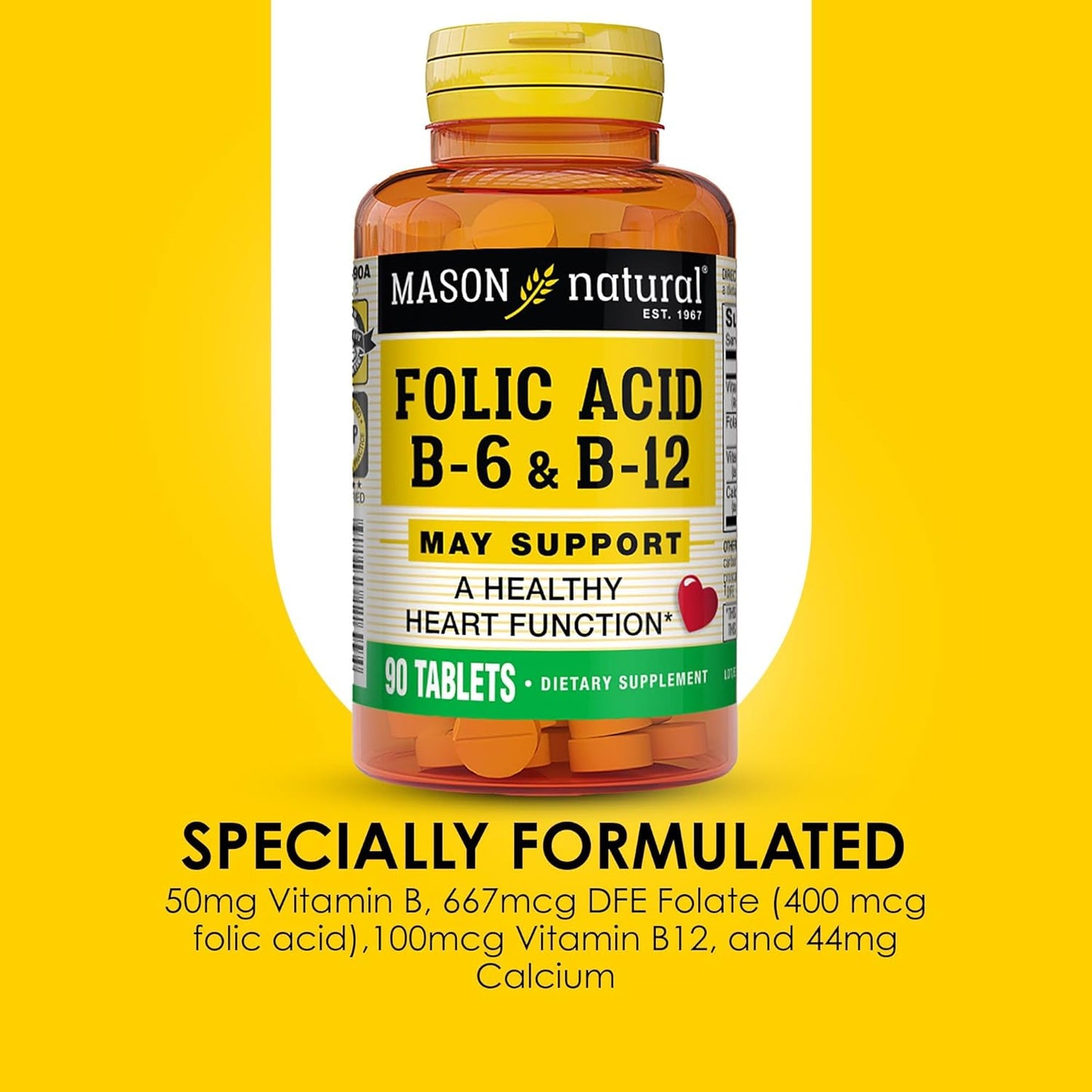 90-Day Supply of MASON NATURAL Folic Acid with B-6 & B-12 for Heart Health and Metabolic Function