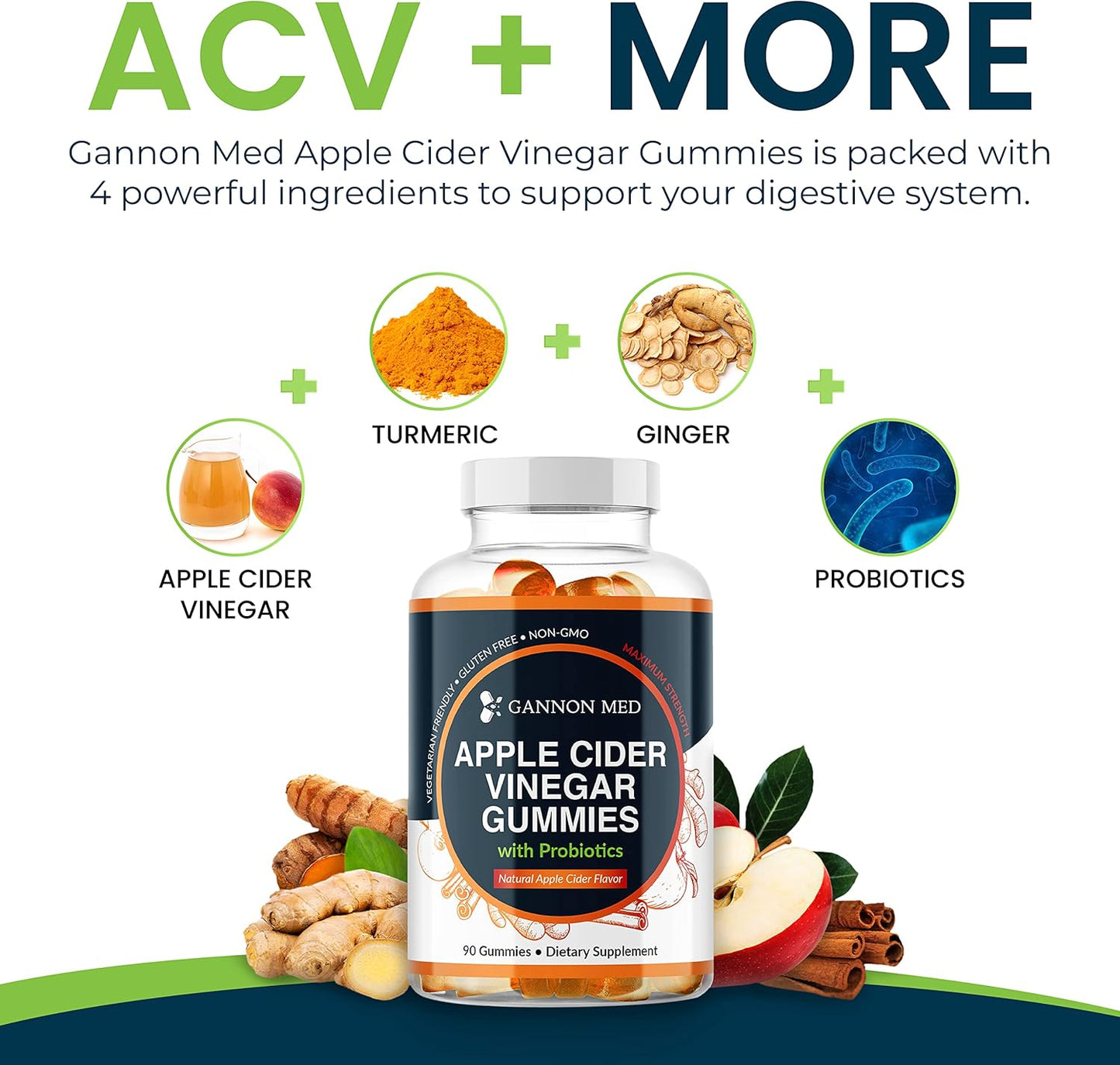 90 GANNON MED Apple Cider Vinegar Gummies with Probiotics, Ginger, and Turmeric - Boost Energy, Metabolism, Digestion, Detox - Natural ACV Supplement