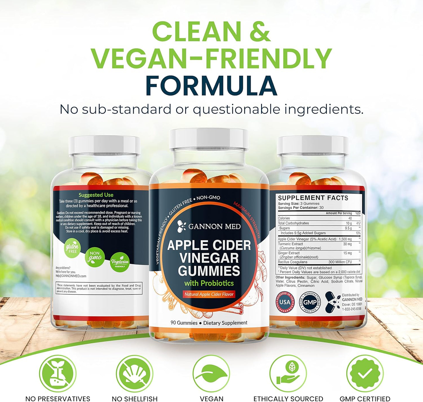 90 GANNON MED Apple Cider Vinegar Gummies with Probiotics, Ginger, and Turmeric - Boost Energy, Metabolism, Digestion, Detox - Natural ACV Supplement