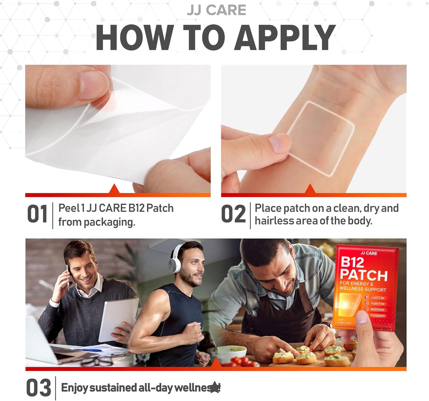 90-Pack JJ CARE B12 Topical Daily Patches - Self-Adhesive Natural Blend, 3 Month Supply