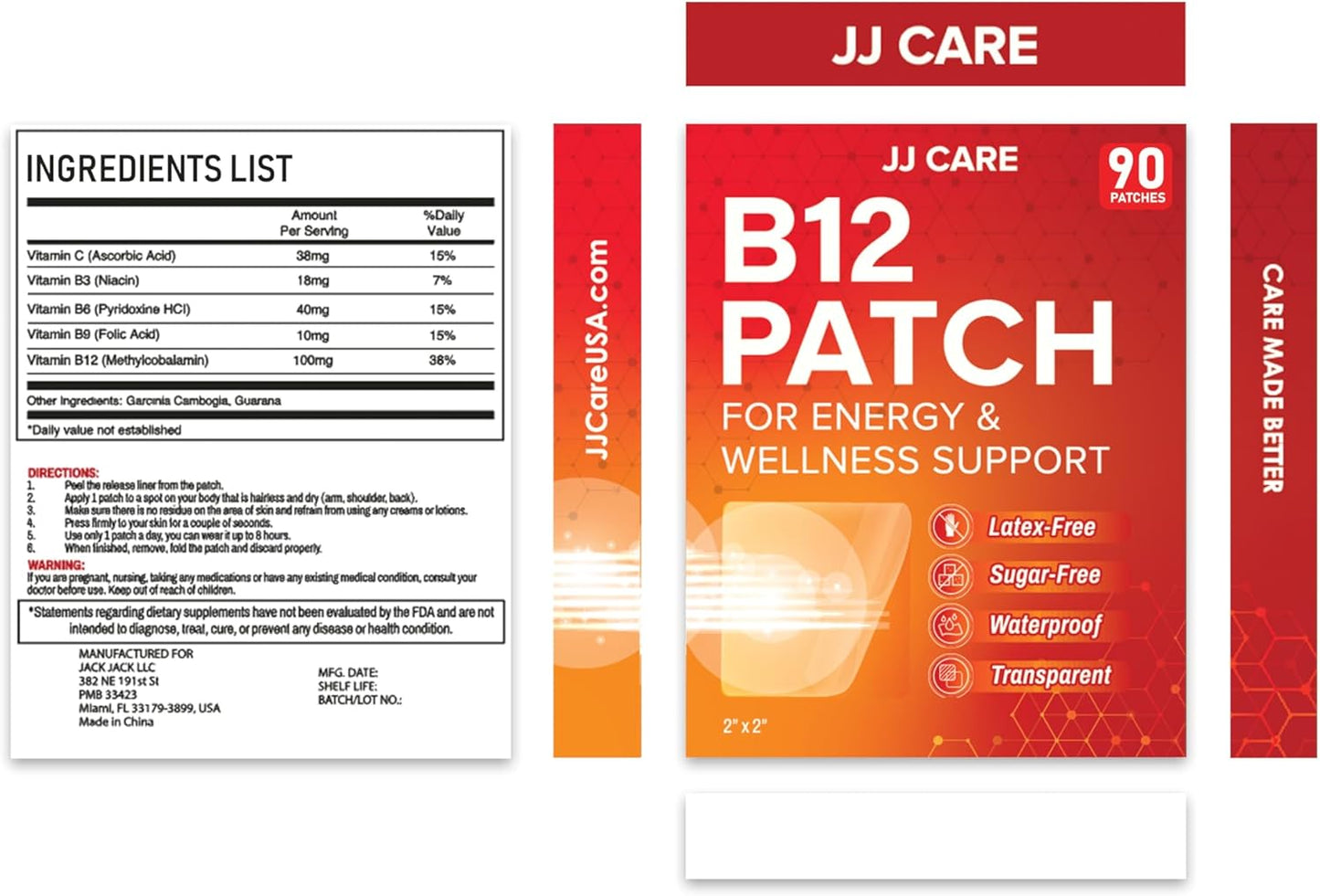 90-Pack JJ CARE B12 Topical Daily Patches - Self-Adhesive Natural Blend, 3 Month Supply