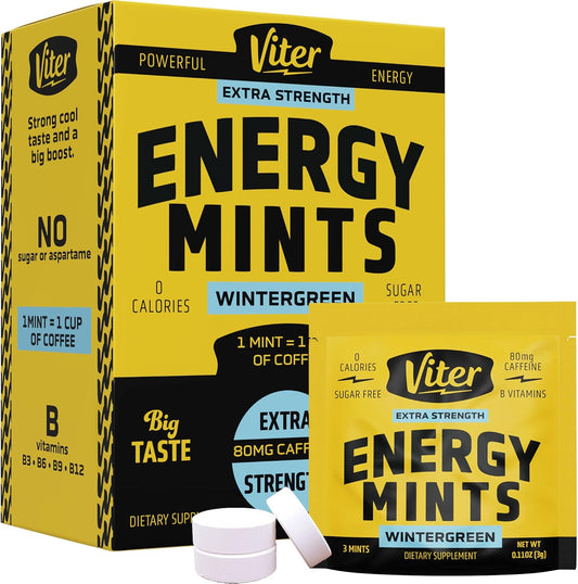 90 Pieces Viter Energy Caffeine Mints 80mg Extra Strength - Wintergreen Flavor, Sugar-Free Vegan Breath Mint with B Vitamins. Fast Alertness and Focus Booster.