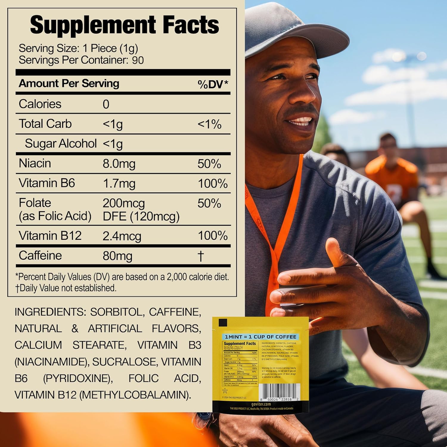 90 Pieces Viter Energy Caffeine Mints 80mg Extra Strength - Wintergreen Flavor, Sugar-Free Vegan Breath Mint with B Vitamins. Fast Alertness and Focus Booster.