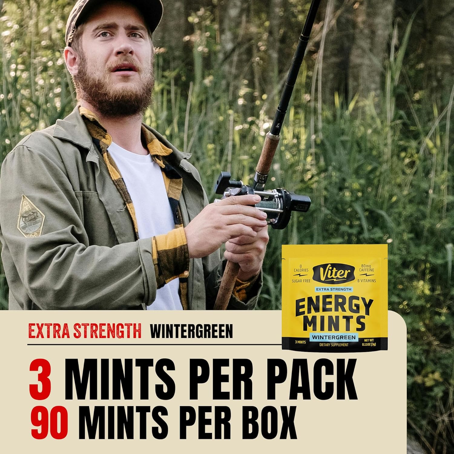 90 Pieces Viter Energy Caffeine Mints 80mg Extra Strength - Wintergreen Flavor, Sugar-Free Vegan Breath Mint with B Vitamins. Fast Alertness and Focus Booster.