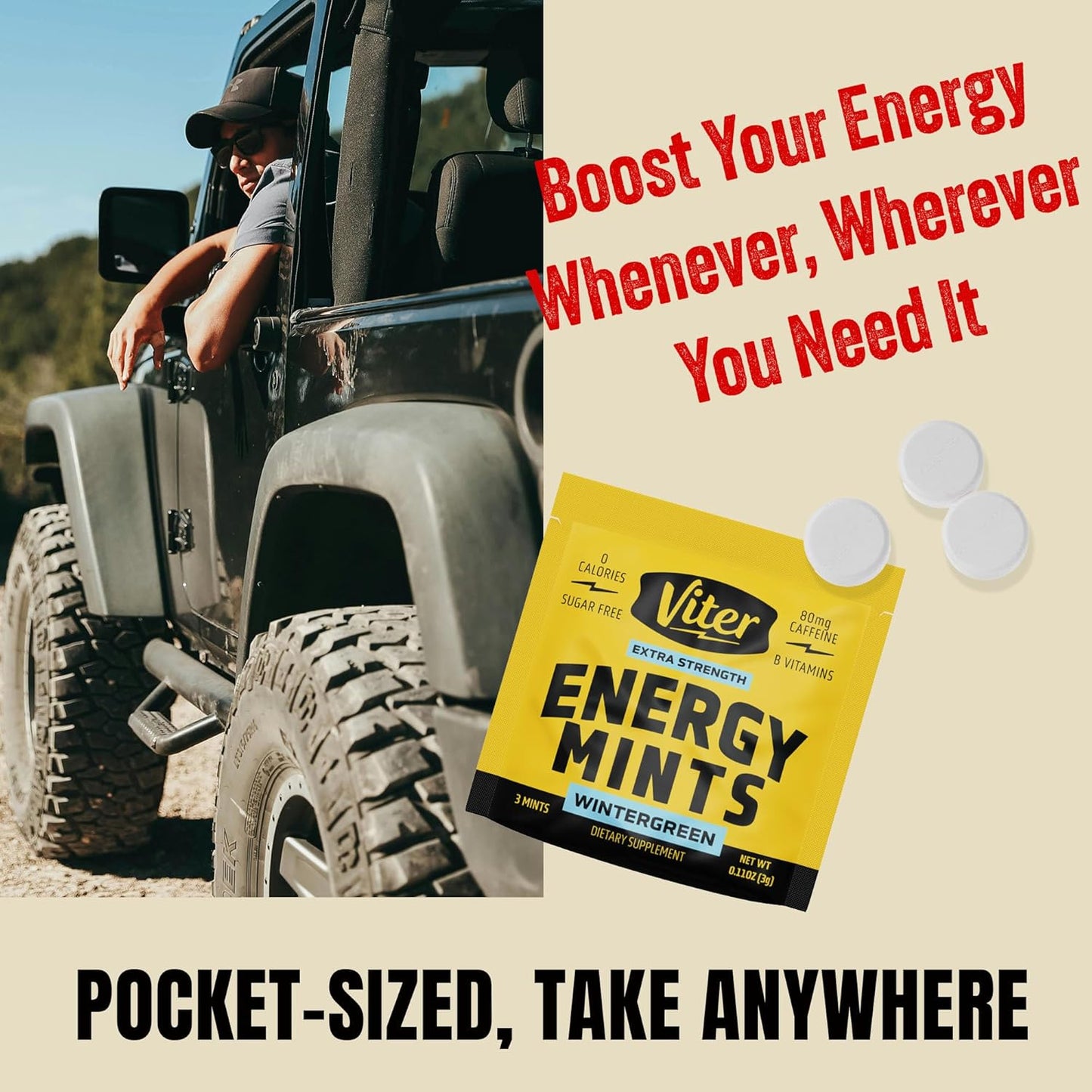 90 Pieces Viter Energy Caffeine Mints 80mg Extra Strength - Wintergreen Flavor, Sugar-Free Vegan Breath Mint with B Vitamins. Fast Alertness and Focus Booster.