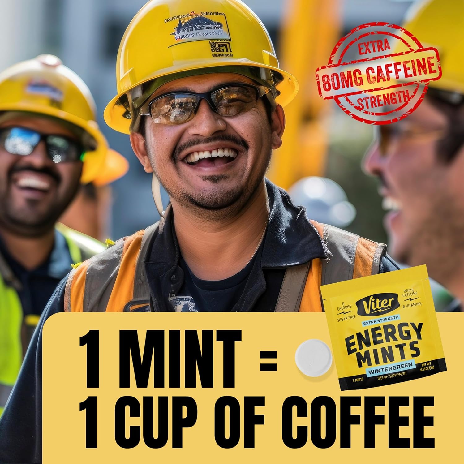 90 Pieces Viter Energy Caffeine Mints 80mg Extra Strength - Wintergreen Flavor, Sugar-Free Vegan Breath Mint with B Vitamins. Fast Alertness and Focus Booster.