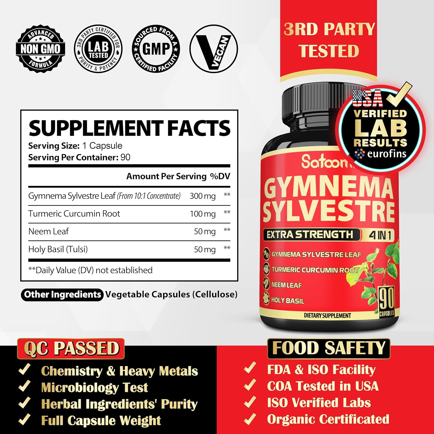 90 Satoomi Pure Gymnema Sylvestre Capsules Extract with Neem Leaf, Holy Basil & Turmeric - 3 Month Supply