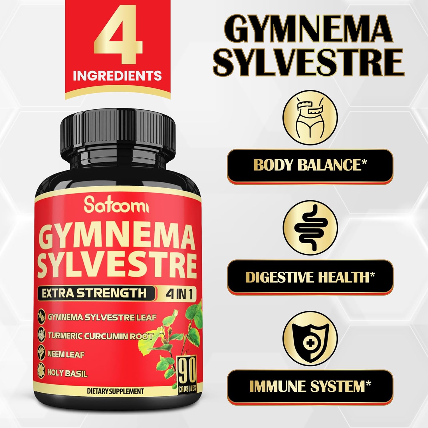 90 Satoomi Pure Gymnema Sylvestre Capsules Extract with Neem Leaf, Holy Basil & Turmeric - 3 Month Supply