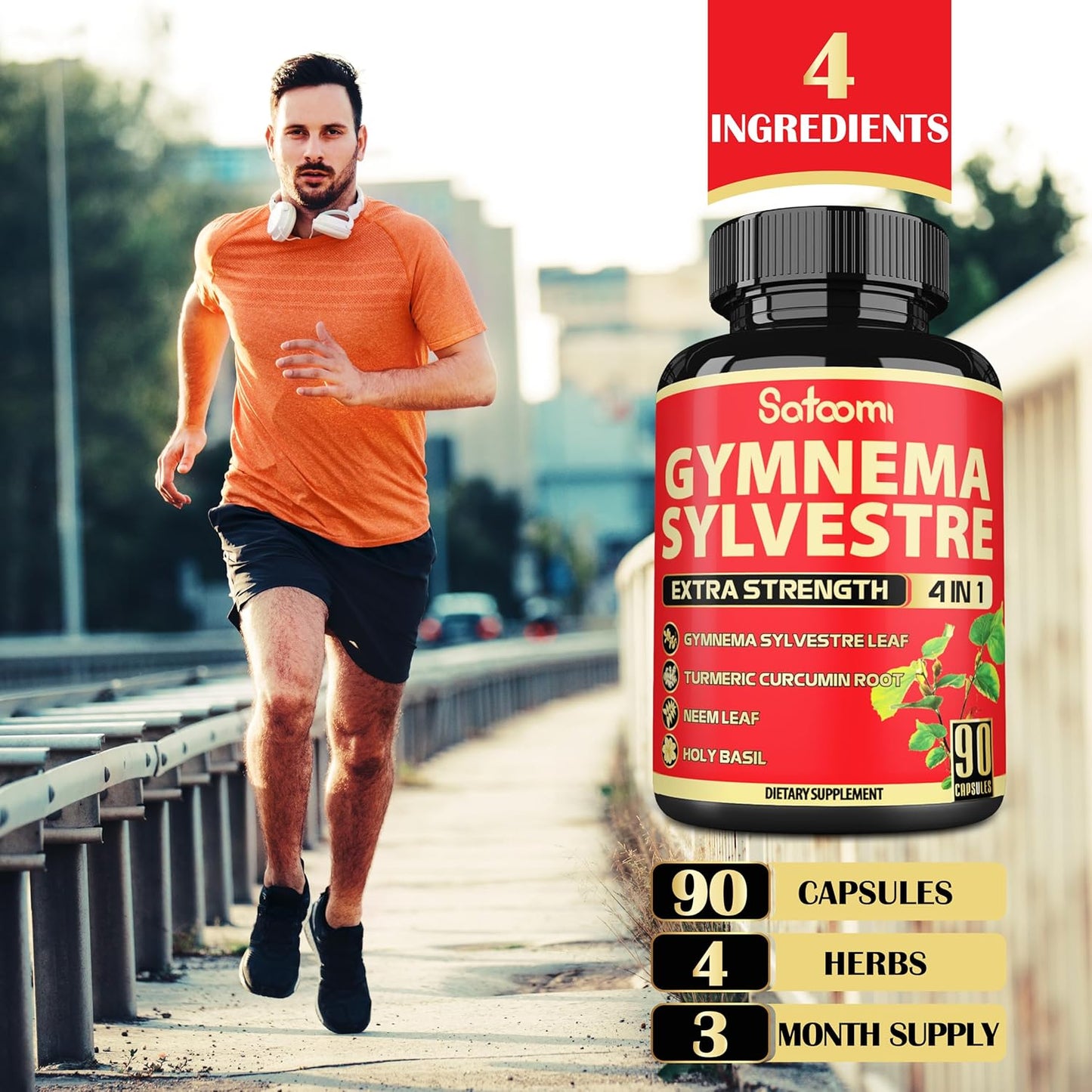 90 Satoomi Pure Gymnema Sylvestre Capsules Extract with Neem Leaf, Holy Basil & Turmeric - 3 Month Supply