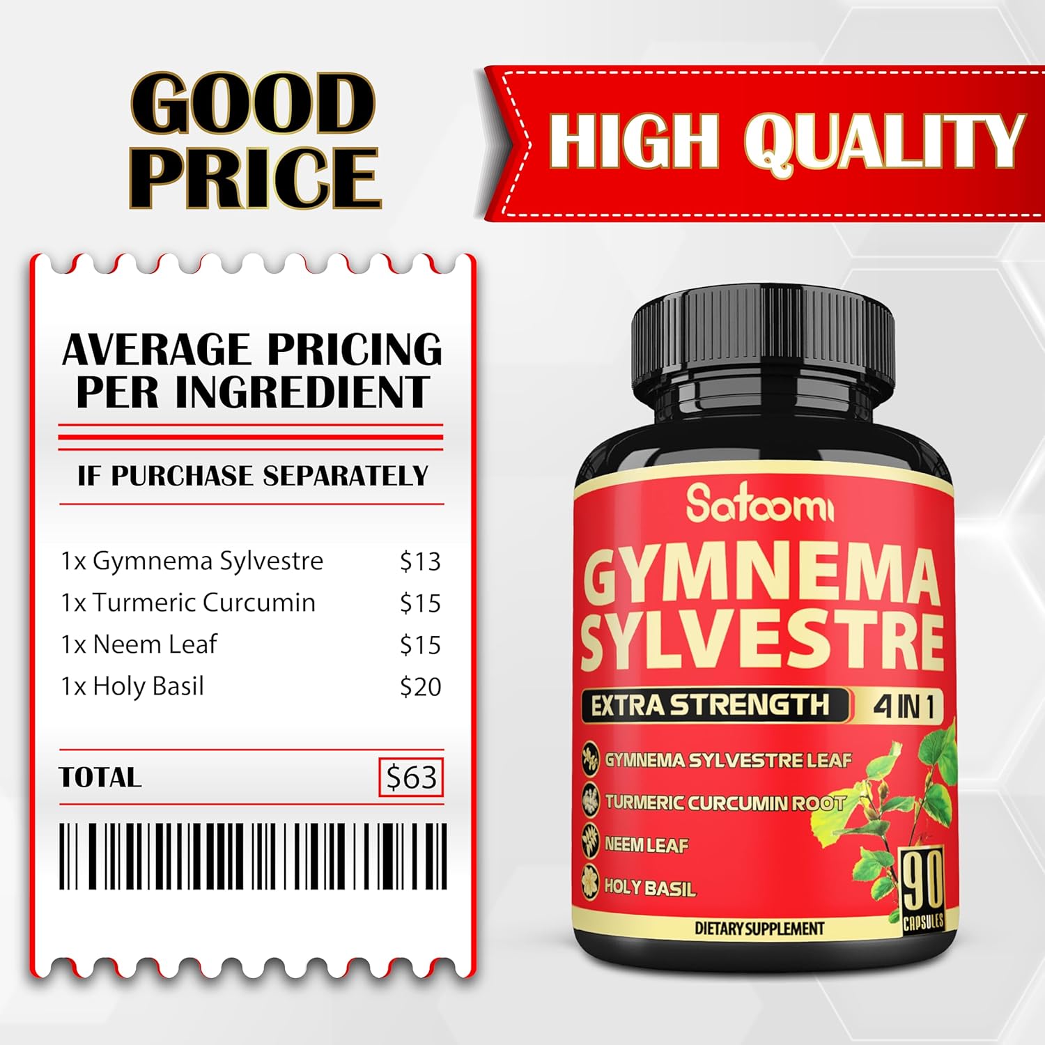 90 Satoomi Pure Gymnema Sylvestre Capsules Extract with Neem Leaf, Holy Basil & Turmeric - 3 Month Supply