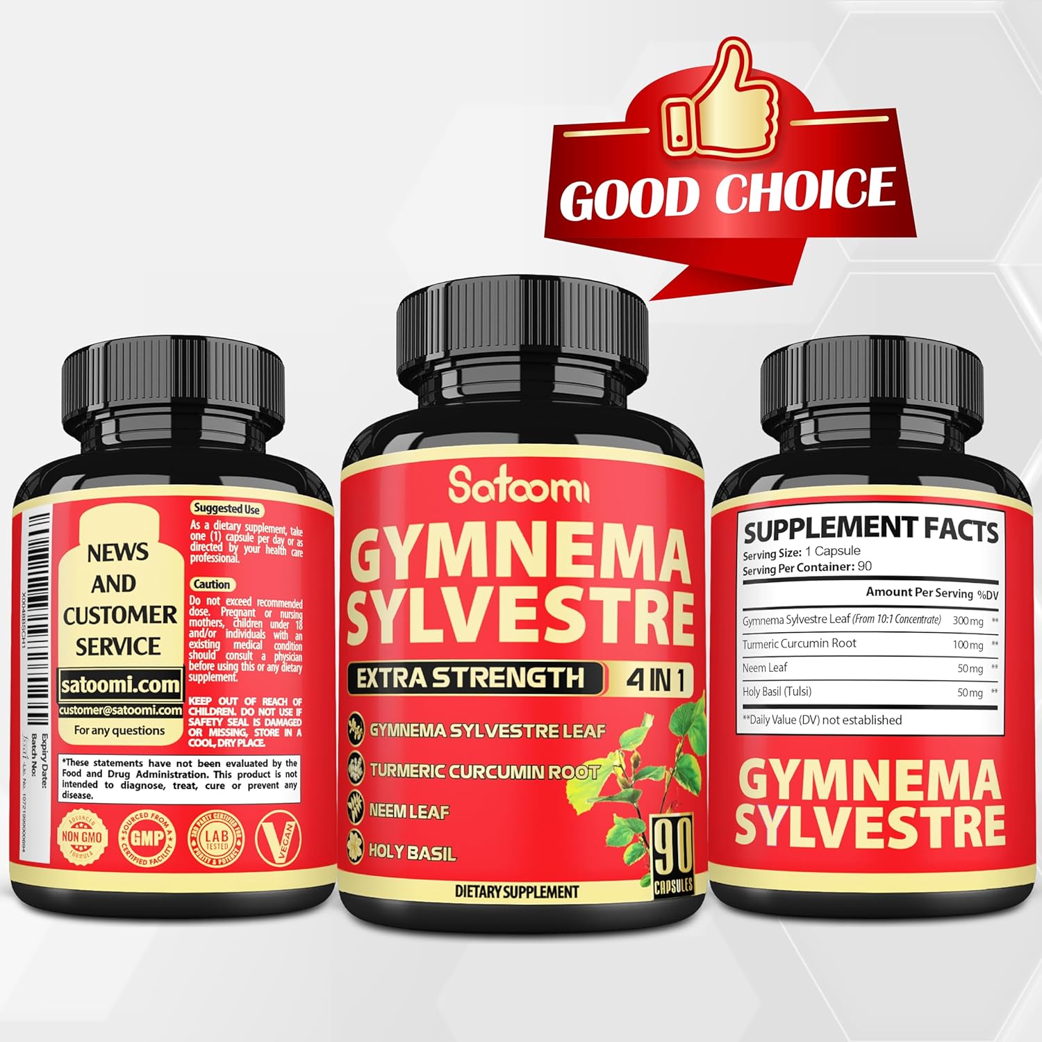 90 Satoomi Pure Gymnema Sylvestre Capsules Extract with Neem Leaf, Holy Basil & Turmeric - 3 Month Supply