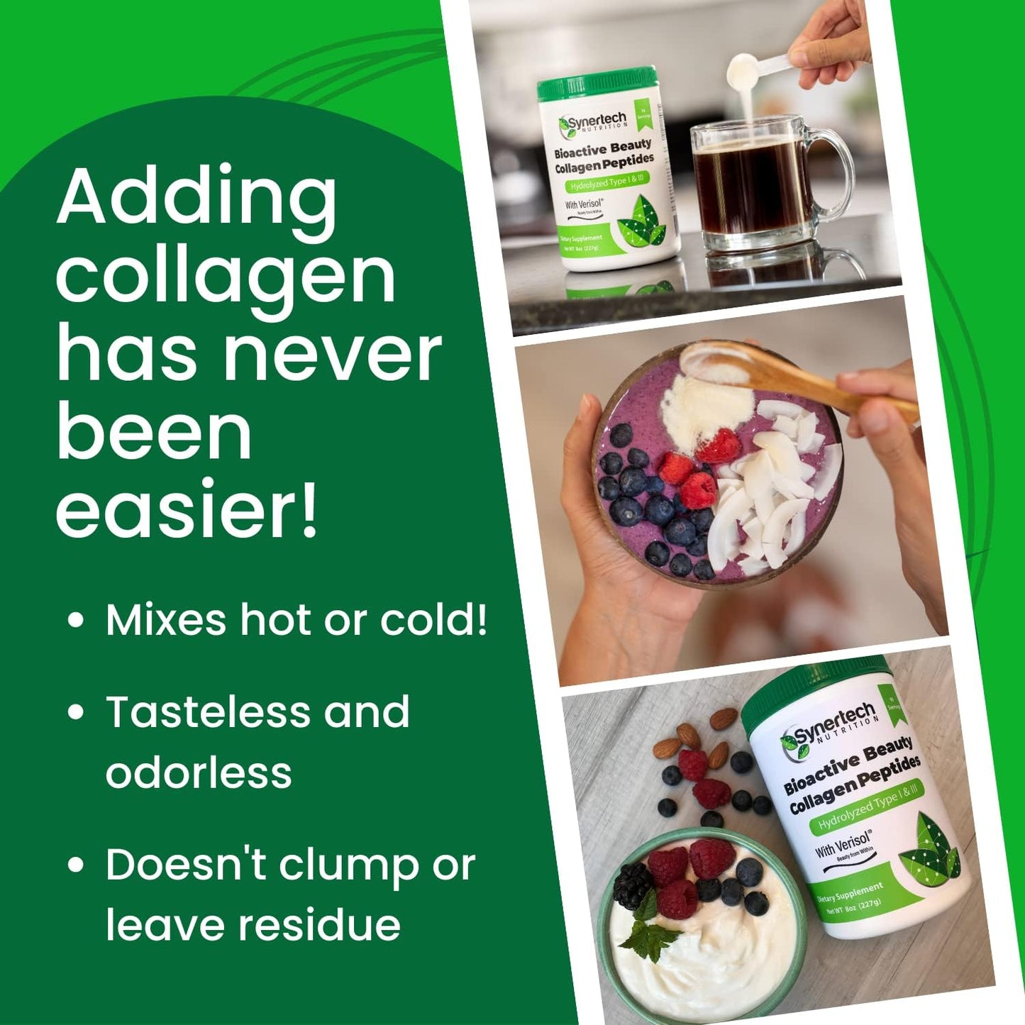 90 Servings of SYNERTECH NUTRITION Bioactive Collagen Peptides Powder - Type I & III with VERISOL - Non-GMO, Grass Fed, Gluten Free, Keto-Friendly