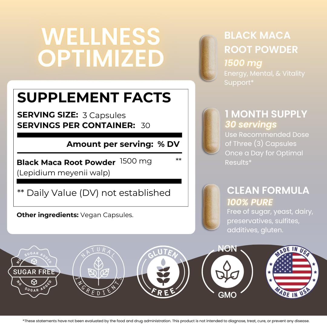 90 Vegan Black Maca Root Capsules for Energy, Mood Balance, Mental Focus, Vitality, and Memory Enhancement - Nutra Guru Supplement