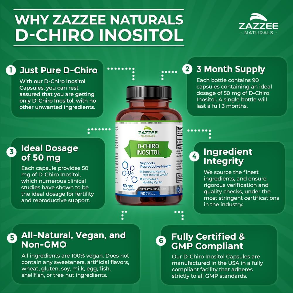 90 Vegan Capsules of D-Chiro-Inositol, 50mg per Capsule, 3 Month Supply, Non-GMO, Vegetarian Formula with Myo-Inositol for 40:1 Ratio - BoostGo Australia