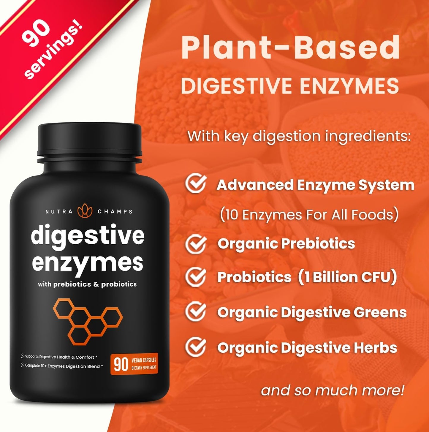 90 Vegan Capsules of NutraChamps Digestive Enzymes, Probiotics, Prebiotics, and Bromelain for Optimal Gut Health in Women and Men - BoostGo Australia