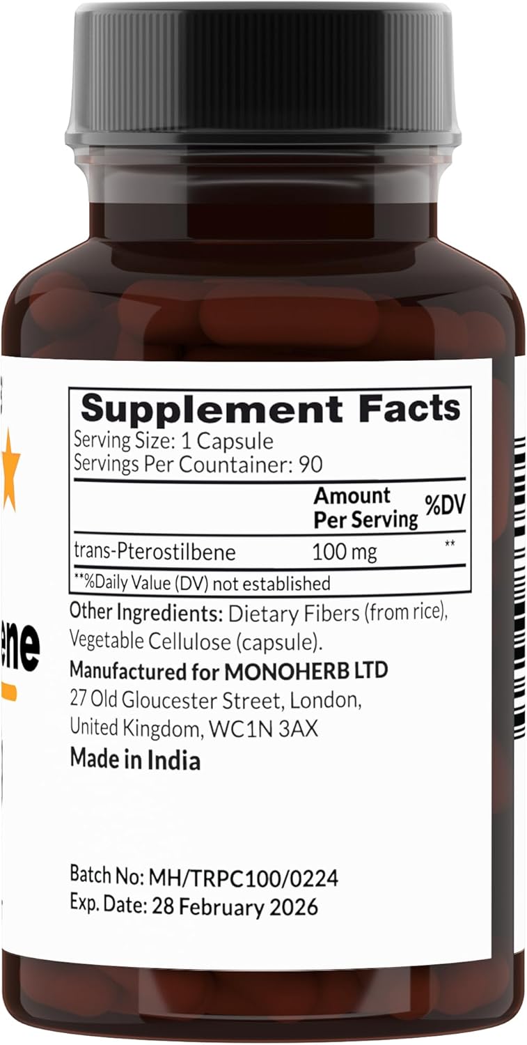 90 Vegetarian Capsules of MONOHERB Trans-Pterostilbene with 100 mg per Capsule