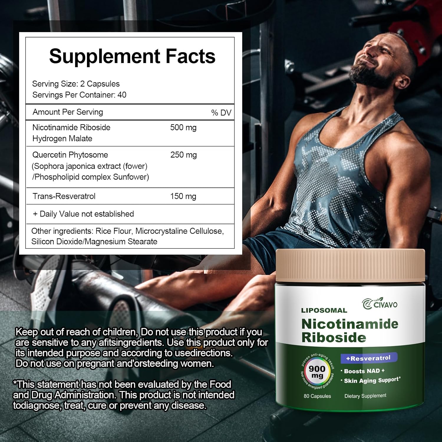 900MG Civavo NAD+ Supplement with Nicotinamide Riboside, Liposomal Resveratrol, Quercetin - Boosts Vitality & Cognitive Function
