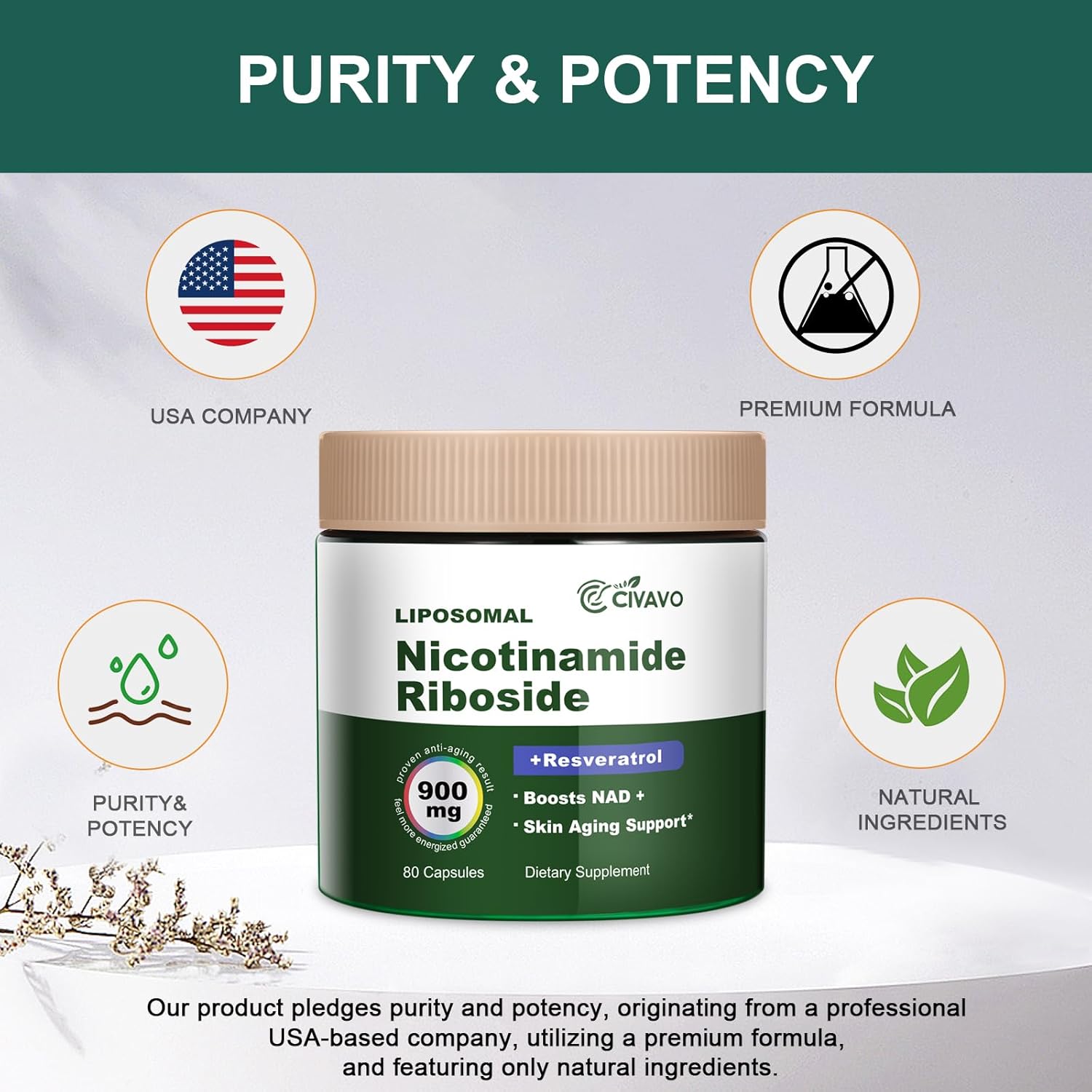 900MG Civavo NAD+ Supplement with Nicotinamide Riboside, Liposomal Resveratrol, Quercetin - Boosts Vitality & Cognitive Function