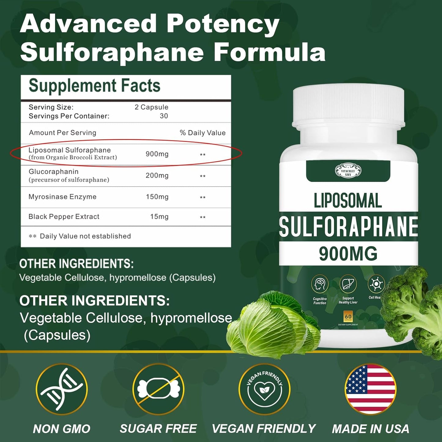 900MG Liposomal Sulforaphane Broccoli Extract Supplement - Liver Support for Antioxidant, Digestion, Cellular Health - 60 Capsules