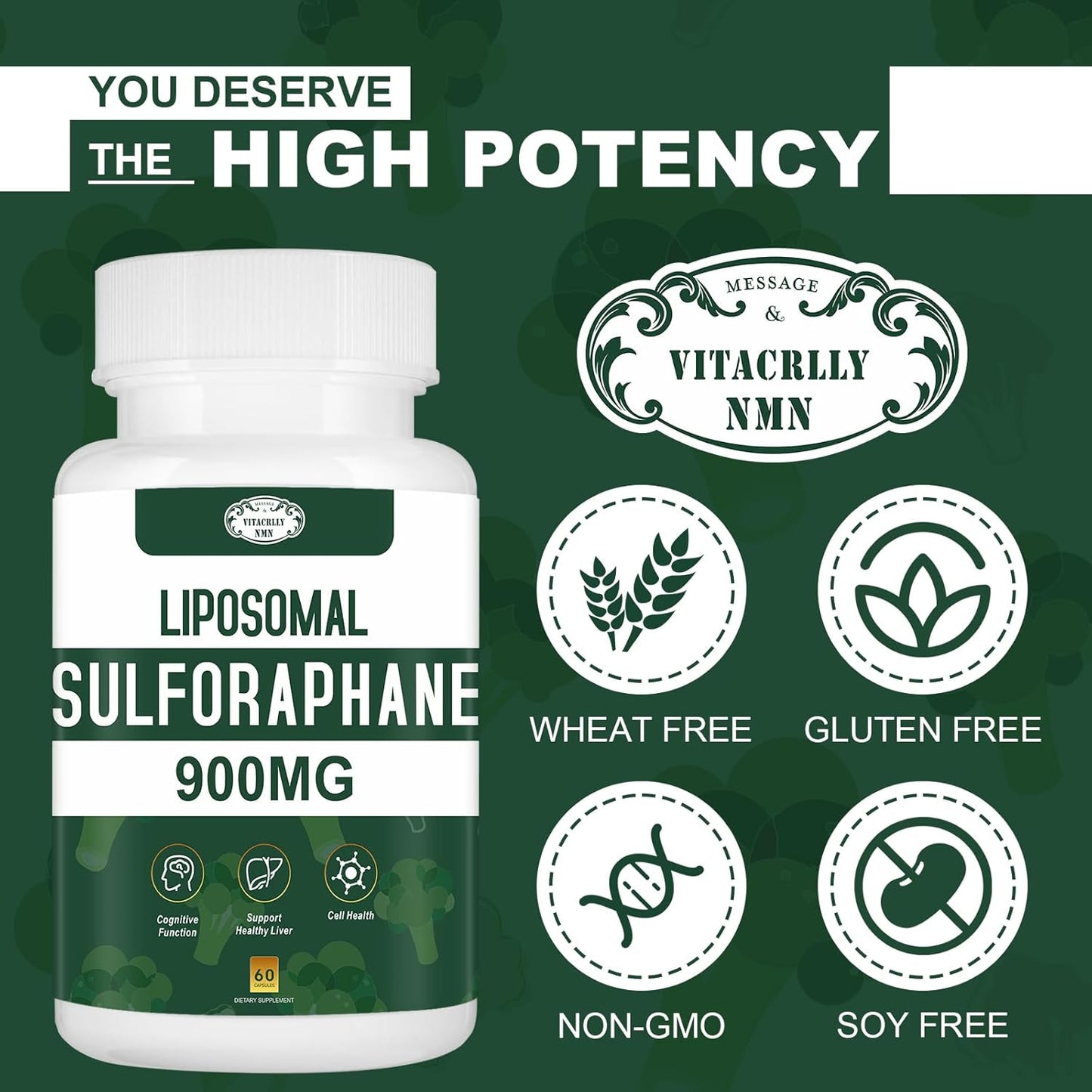 900MG Liposomal Sulforaphane Broccoli Extract Supplement - Liver Support for Antioxidant, Digestion, Cellular Health - 60 Capsules