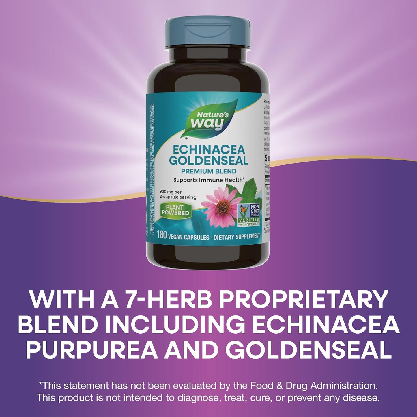 900mg Nature's Way Echinacea Goldenseal Capsules - Immune Support Blend with 7 Herbs - Cayenne Pepper, Gentian, Burdock - 180 Vegan Capsules (Pack of 2)