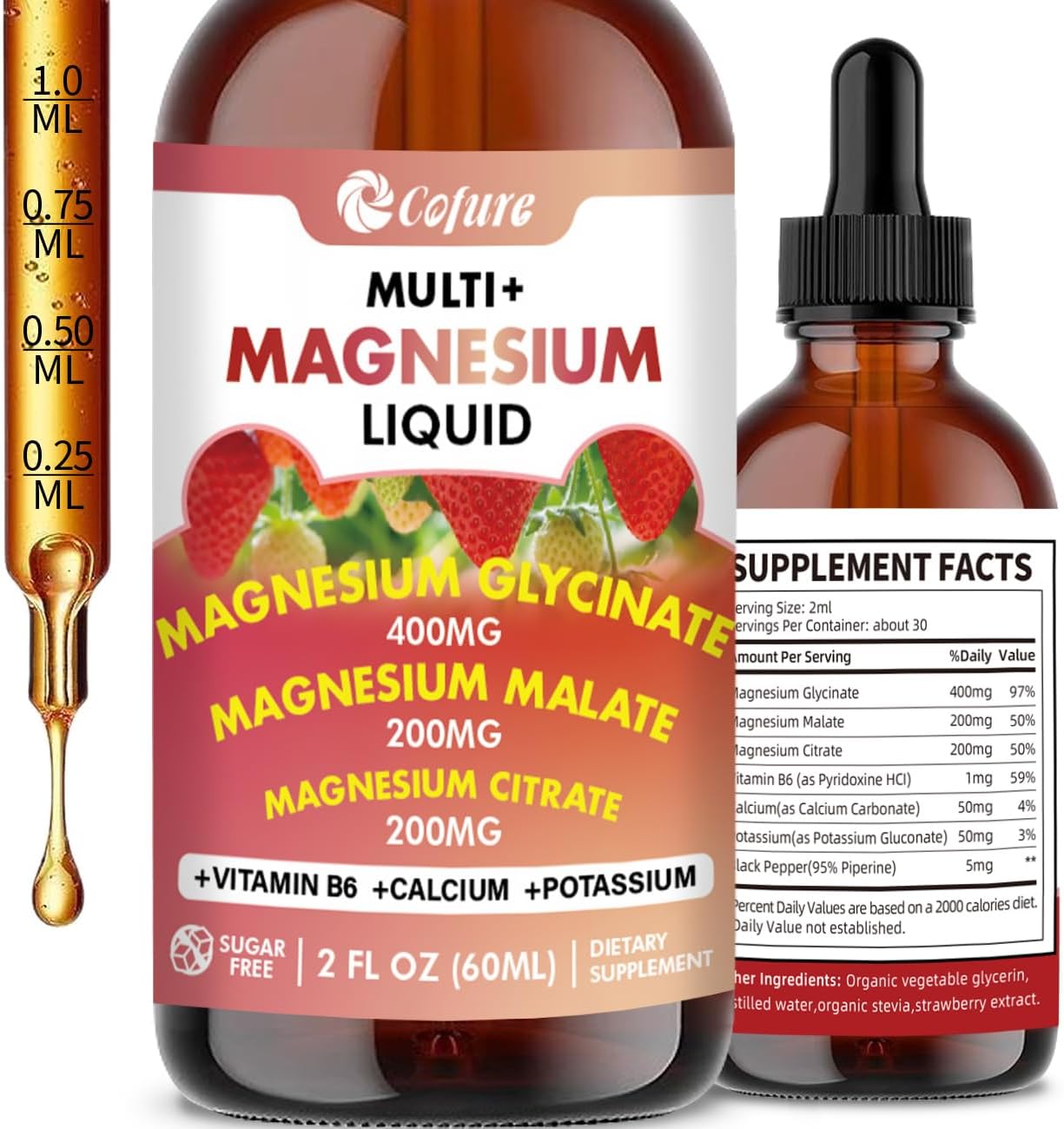 900mg Triple Magnesium Liquid Supplement with Potassium, Calcium, Vitamin B6 - Strawberry Flavor - Promotes Calm, Sleep, Muscle, Energy - Sugar Free - 2 Fl Oz