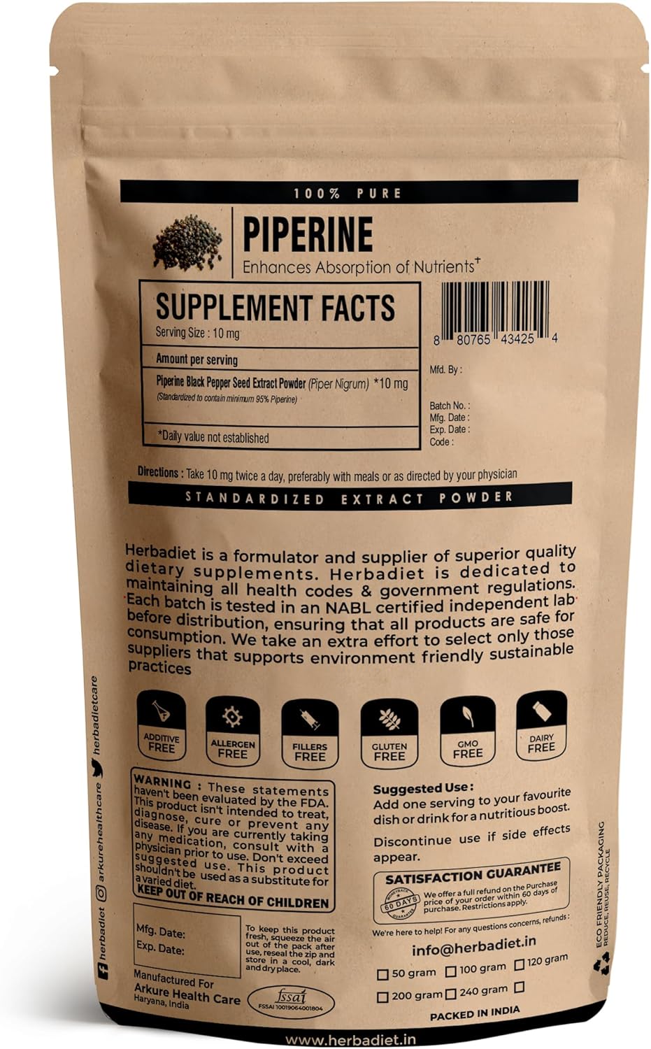 95% Piperine Powder | Black Pepper Extract for Bioavailability | Nutrient Absorption | Gluten Free Non-GMO Supplement