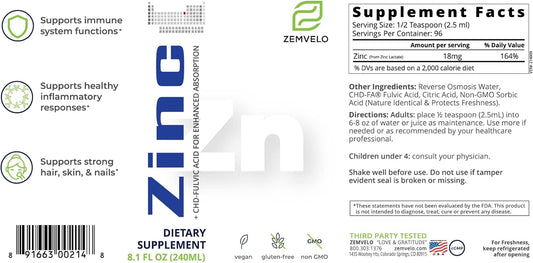 96 Day Supply Zemvelo Liquid Ionic Zinc for Clear Skin, Energy, and Inflammatory Support