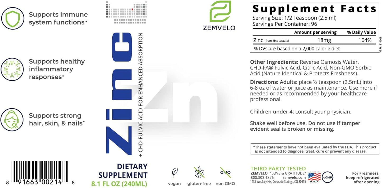 96 Day Supply Zemvelo Liquid Ionic Zinc for Clear Skin, Energy, and Inflammatory Support