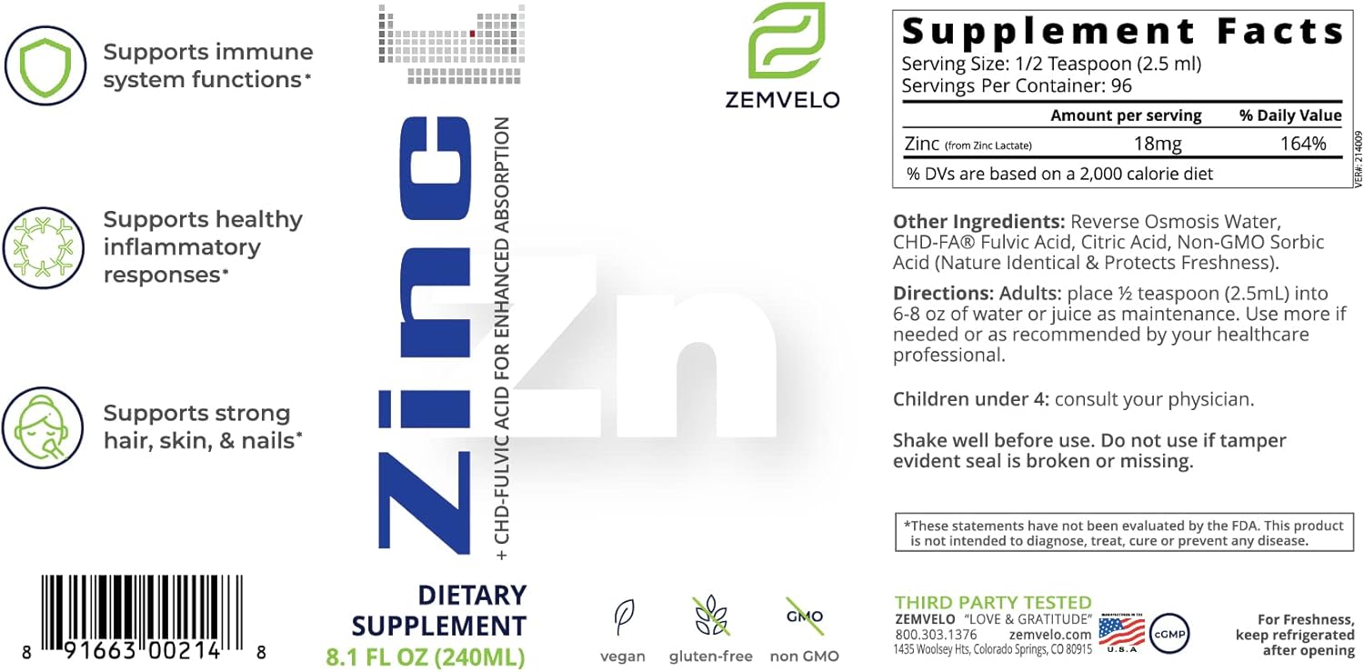 96 Day Supply Zemvelo Liquid Ionic Zinc for Clear Skin, Energy, and Inflammatory Support