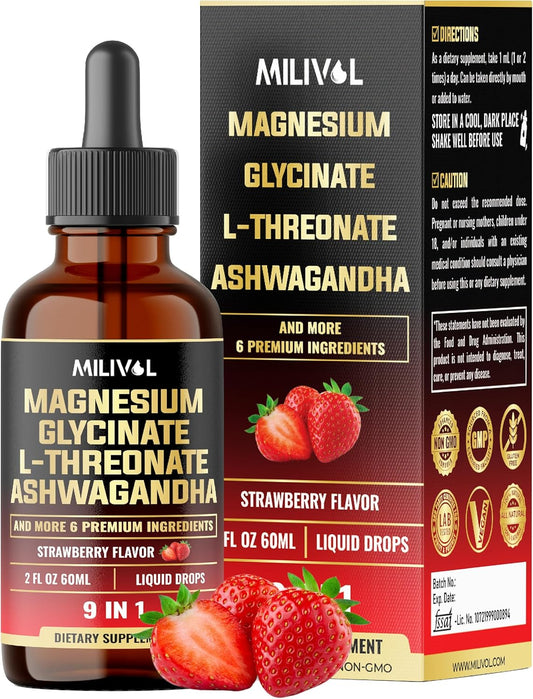 9in1 Magnesium Glycinate Liquid Drops with Ashwagandha, Rhodiola Rosea, Lions Mane & More for Mind & Immune Support - 2 Month Supply - Strawberry Flavor - 2 Fl Oz