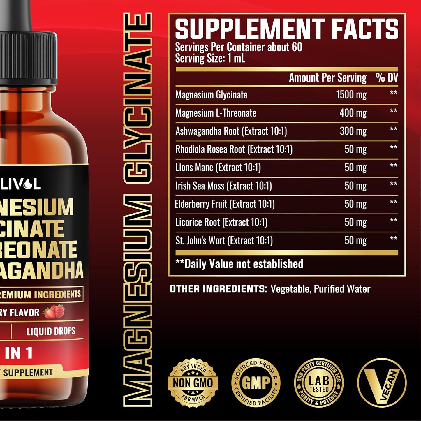 9in1 Magnesium Glycinate Liquid Drops with Ashwagandha, Rhodiola Rosea, Lions Mane & More for Mind & Immune Support - 2 Month Supply - Strawberry Flavor - 2 Fl Oz